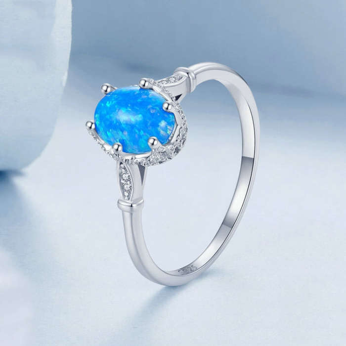 S925 Sterling Silver Ocean Blue Crown Opal Ring, Size: No. 7