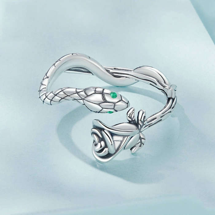 S925 Sterling Silver Platinum-plated Snake Rose Open Ring, Model: SCR1041-E