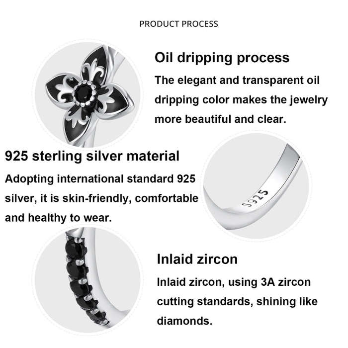 SCR1075 S925 Sterling Silver Oxidized Retro Elegant Black and White Flower Ring(6)