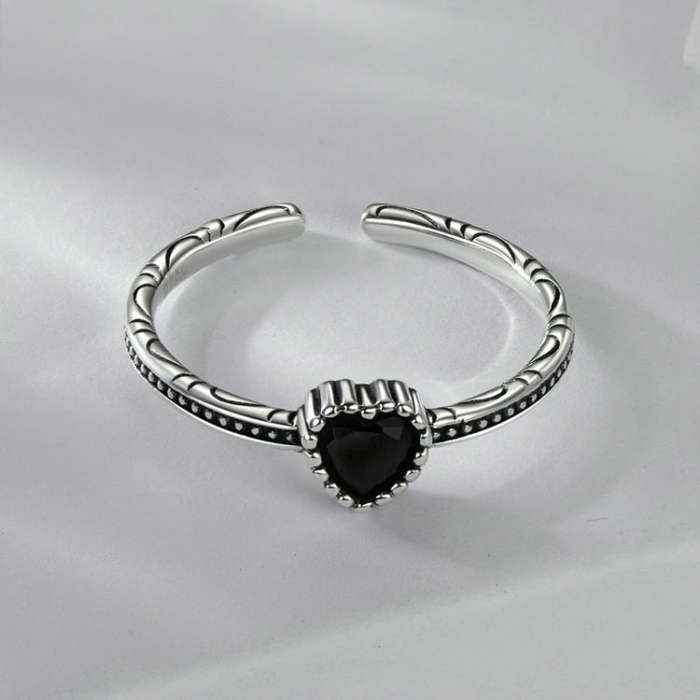 S925 Sterling Silver Oxidized Heart Of The Night Open Ring Adjustable Heart-shaped Ring(SCR1074-E)