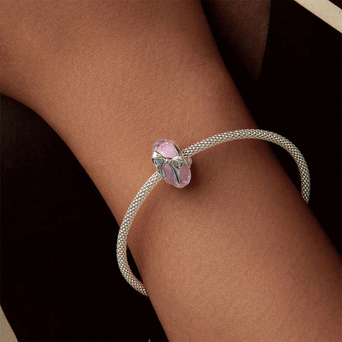 S925 Sterling Silver Pink Bow Glass Beads DIY Beads(BSC1057)