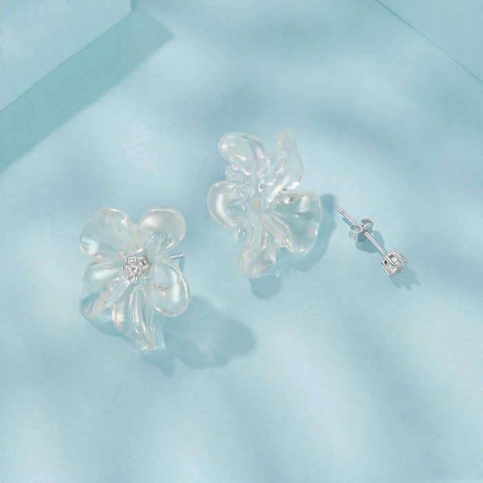 S925 Ssterling Silver Platinum-Plated Transparent Flower Earrings(SCE1804)