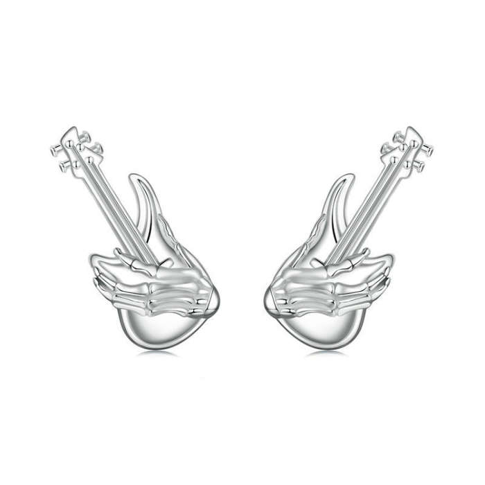 S925 Sterling Silver Platinum-plated Skeleton Hand Bass Earrings(SCE1806)