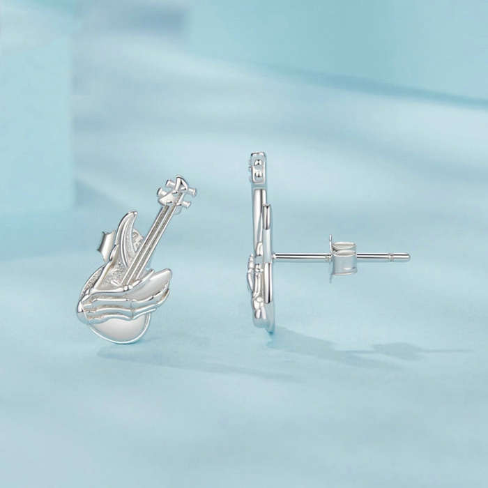 S925 Sterling Silver Platinum-plated Skeleton Hand Bass Earrings(SCE1806)