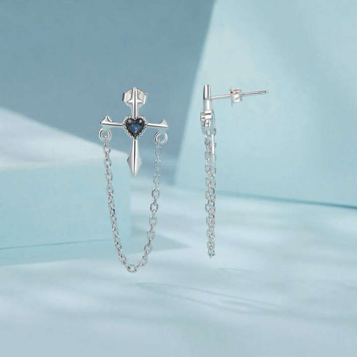 S925 Sterling Silver Platinum-plated Crcross Chain Tassel Earrings(SCE1808)