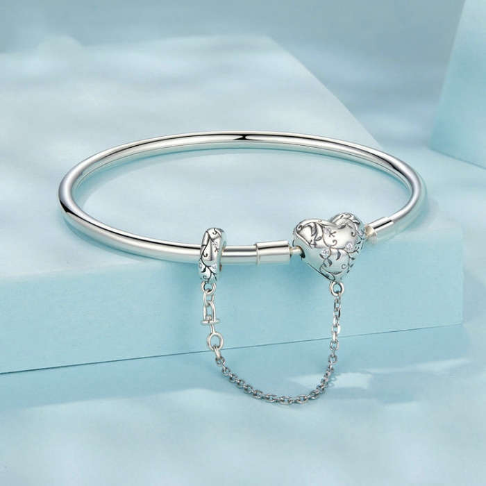 S925 Sterling Silver Oxidized Retro Heart Pattern Bracelet, Size: 19cm