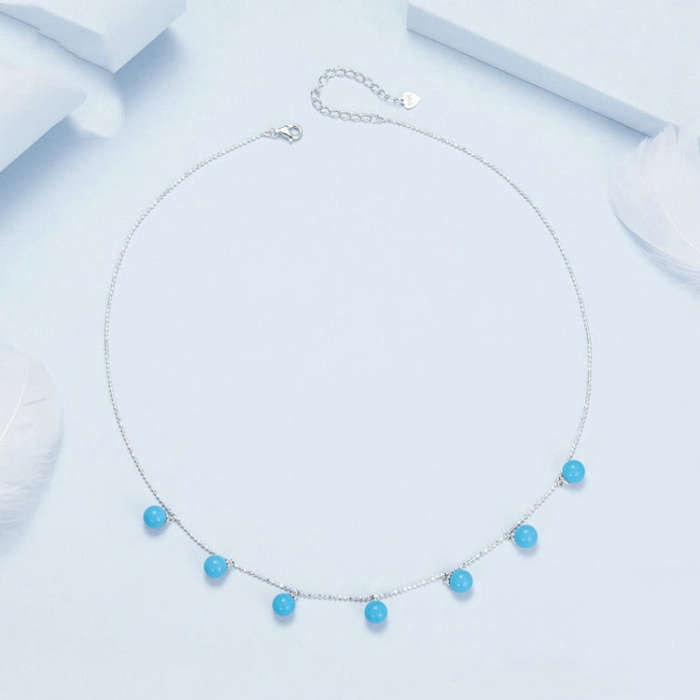 S925 Sterling Silver Blue Turquoise Double Wear Clavicle Necklace(BSN405)