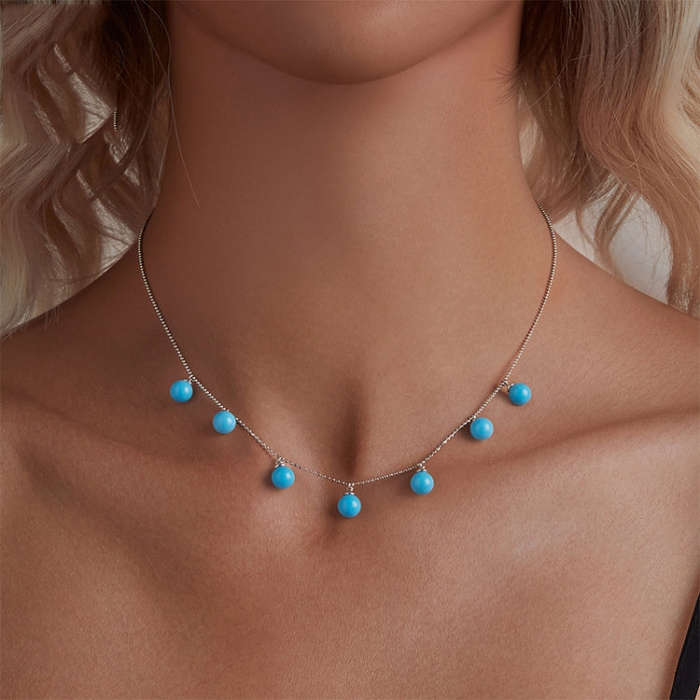S925 Sterling Silver Blue Turquoise Double Wear Clavicle Necklace(BSN405)