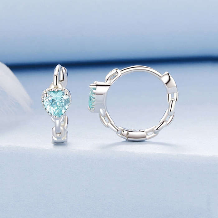 S925 Sterling Silver Heart Square Earrings Aquamarine Zircon Earrings, Model: BSE1099