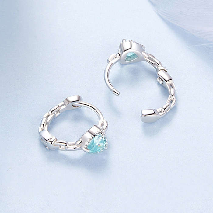 S925 Sterling Silver Heart Square Earrings Aquamarine Zircon Earrings, Model: BSE1099