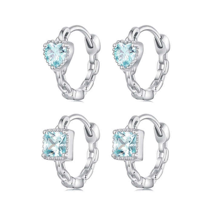 S925 Sterling Silver Heart Square Earrings Aquamarine Zircon Earrings, Model: BSE1099