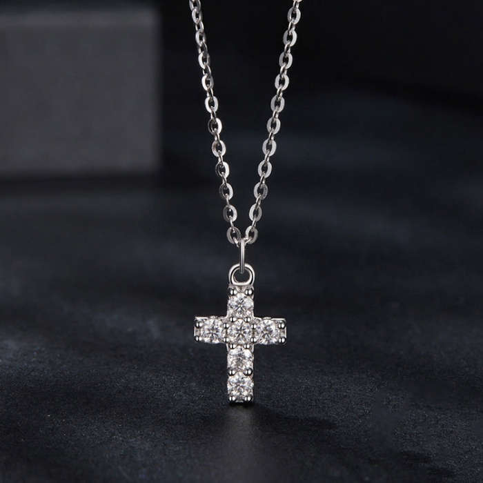 S925 Sterling Silver Platinum-plated Moissanite Cross Necklace(MSN039)