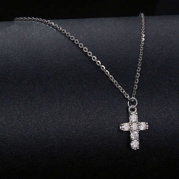 S925 Sterling Silver Platinum-plated Moissanite Cross Necklace(MSN039)