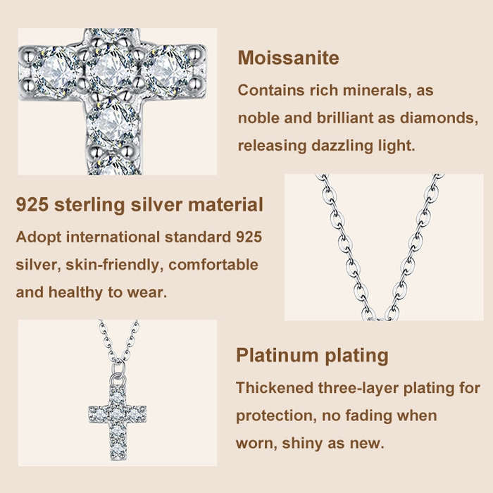 S925 Sterling Silver Platinum-plated Moissanite Cross Necklace(MSN039)