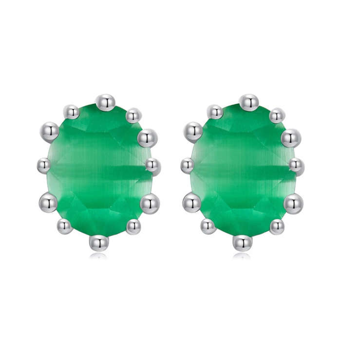 S925 Sterling Silver Emerald Cat Eye Glass Earrings(BSE1116)