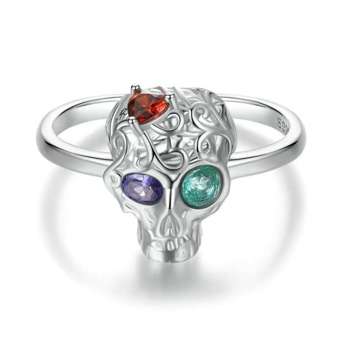 S925 Sterling Silver Platinum-plated Adjustable Skull Open Ring(BSR607-E)