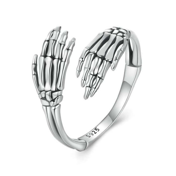 S925 Sterling Silver Oxidized Skeleton Hand Adjustable Open Ring(BSR608-E)