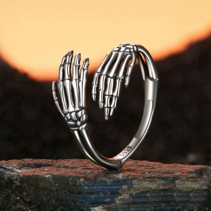 S925 Sterling Silver Oxidized Skeleton Hand Adjustable Open Ring(BSR608-E)