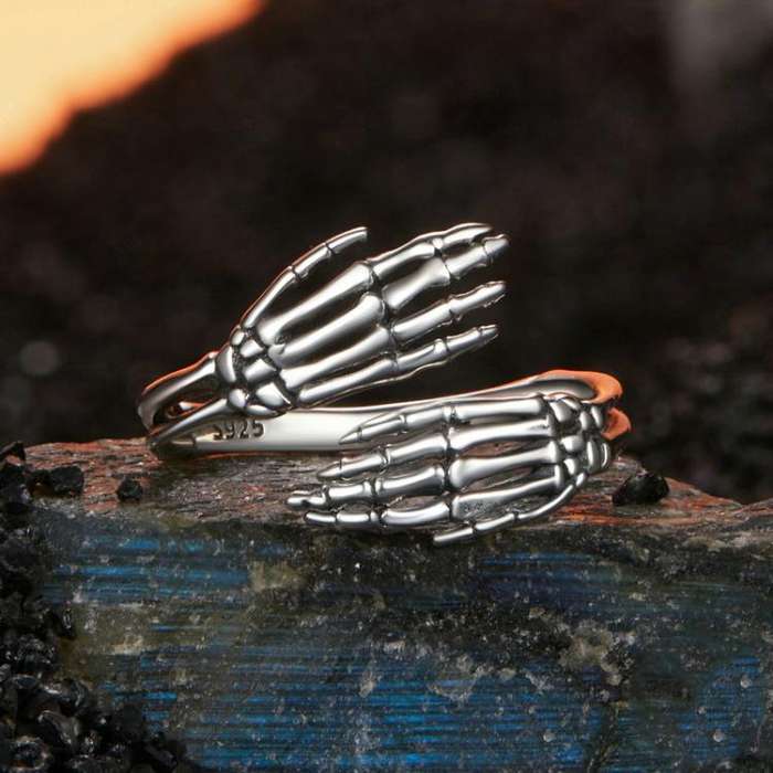 S925 Sterling Silver Oxidized Skeleton Hand Adjustable Open Ring(BSR608-E)
