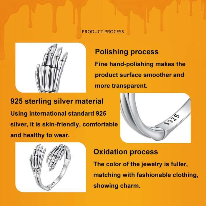 S925 Sterling Silver Oxidized Skeleton Hand Adjustable Open Ring(BSR608-E)