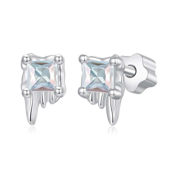 S925 Sterling Silver Platinum-Plated Clear Ice Cube Earrings(BSE1133)