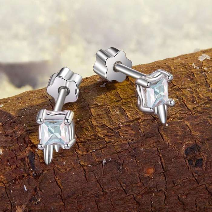 S925 Sterling Silver Platinum-Plated Clear Ice Cube Earrings(BSE1133)