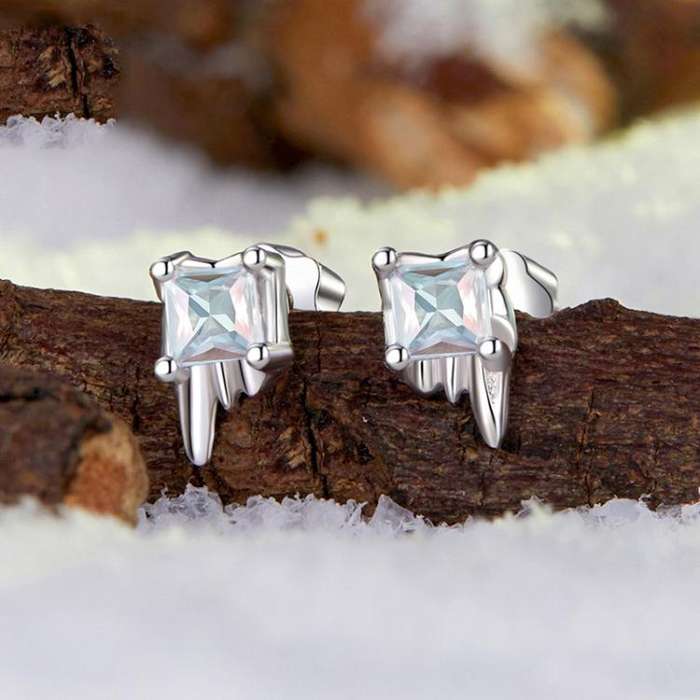 S925 Sterling Silver Platinum-Plated Clear Ice Cube Earrings(BSE1133)