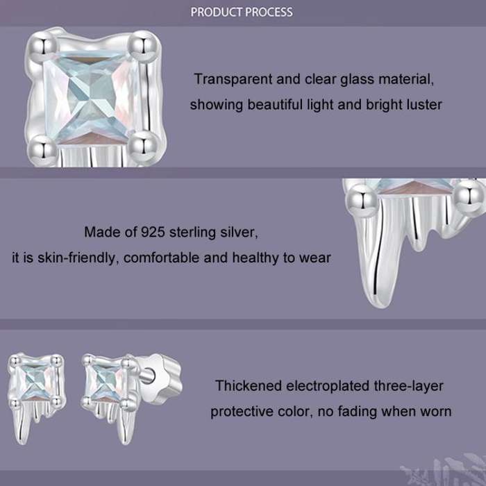S925 Sterling Silver Platinum-Plated Clear Ice Cube Earrings(BSE1133)