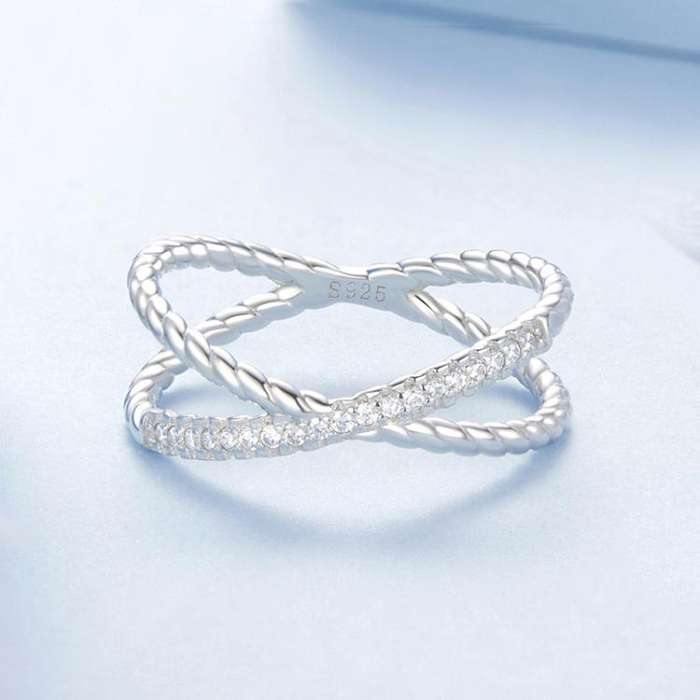 BSR621 S925 Sterling Silver Platinum-plated Shining Zircon Double-layer X-shaped Ring(8)