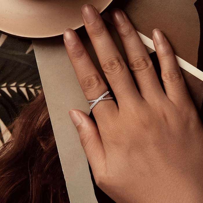 BSR621 S925 Sterling Silver Platinum-plated Shining Zircon Double-layer X-shaped Ring(8)