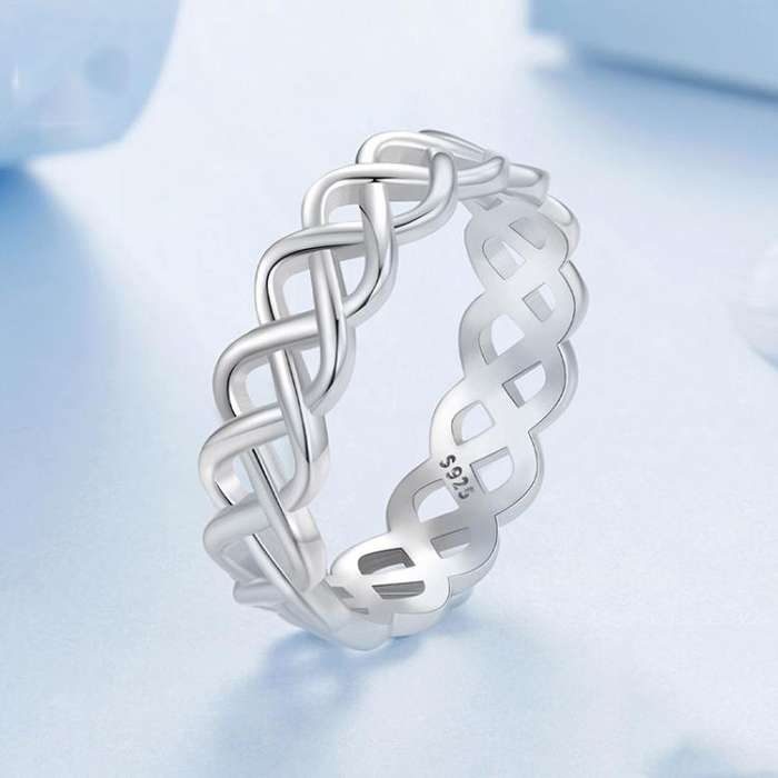 S925 Sterling Silver Platinum-plated Braided Hollow Ring(No.7)