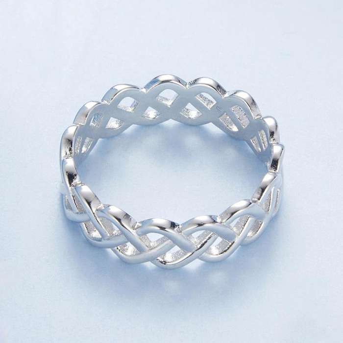 S925 Sterling Silver Platinum-plated Braided Hollow Ring(No.8)