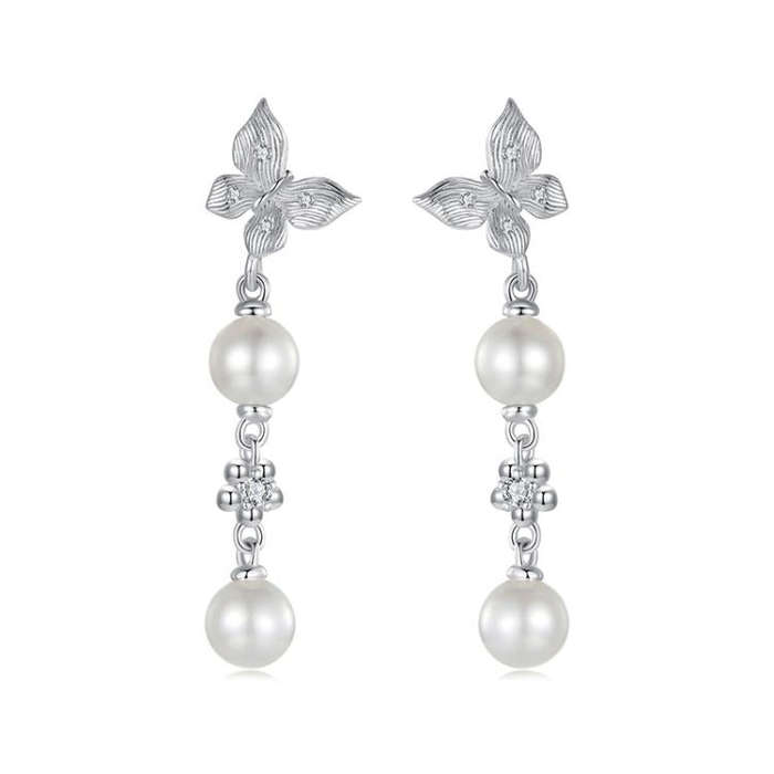 S925 Sterling Silver Elegant Butterfly Shell Bead Long Earrings(BSE1130)