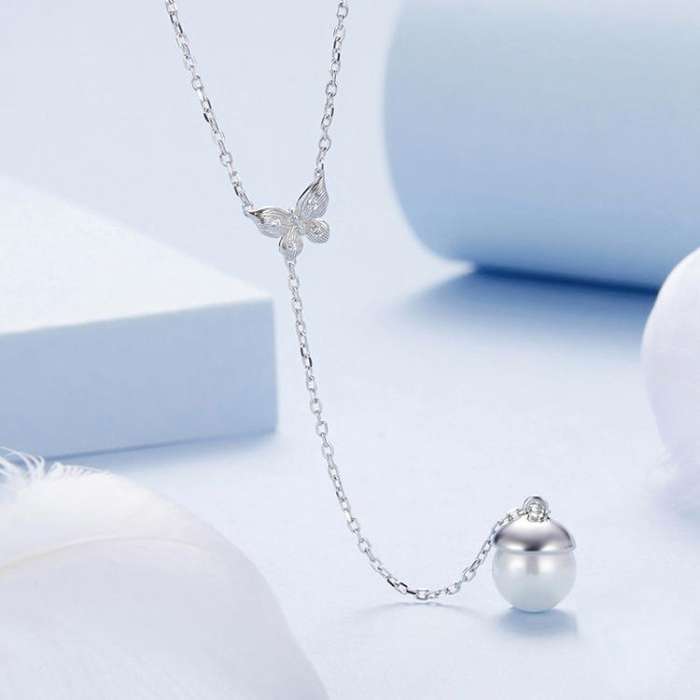 S925 Sterling Silver Platinum-plated Butterfly Shell Beads Elegant Necklace(BSN415)