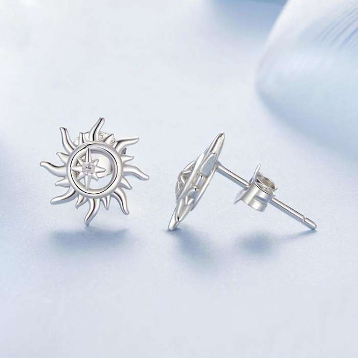 S925 Sterling Silver Sun-shaped Inlaid Zircon Earrings(BSE1128)
