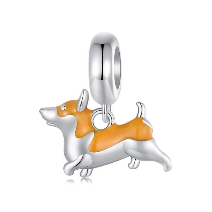 S925 Sterling Silver Platinum-Plated Cute Corgi Dog DIY Pendant Beads(SCC2940)