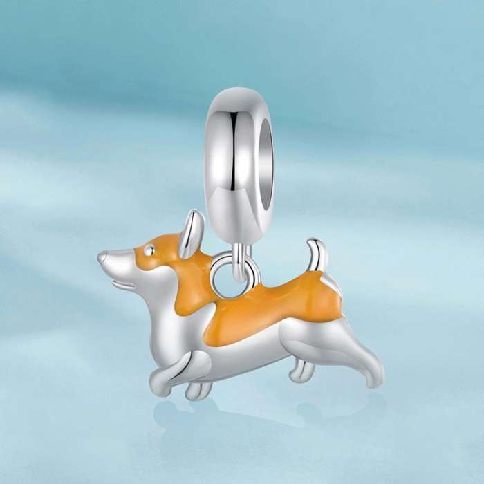 S925 Sterling Silver Platinum-Plated Cute Corgi Dog DIY Pendant Beads(SCC2940)