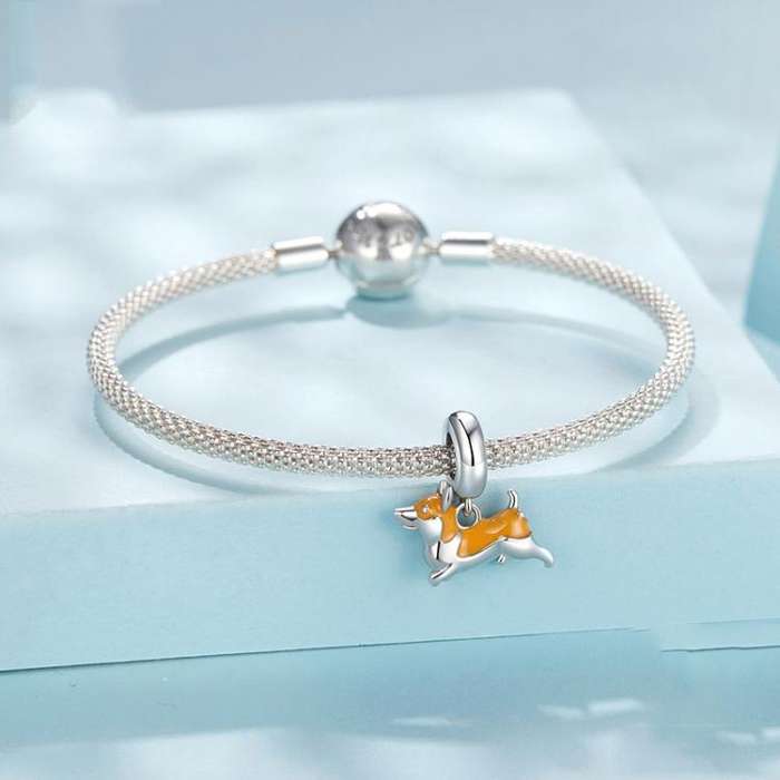 S925 Sterling Silver Platinum-Plated Cute Corgi Dog DIY Pendant Beads(SCC2940)