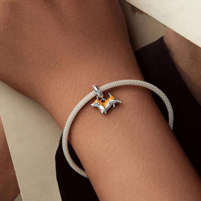 S925 Sterling Silver Platinum-Plated Cute Corgi Dog DIY Pendant Beads(SCC2940)