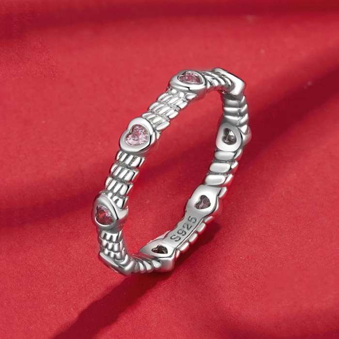 S925 Sterling Silver Platinum Heart Twist Pattern Zircon Ring(No.8)