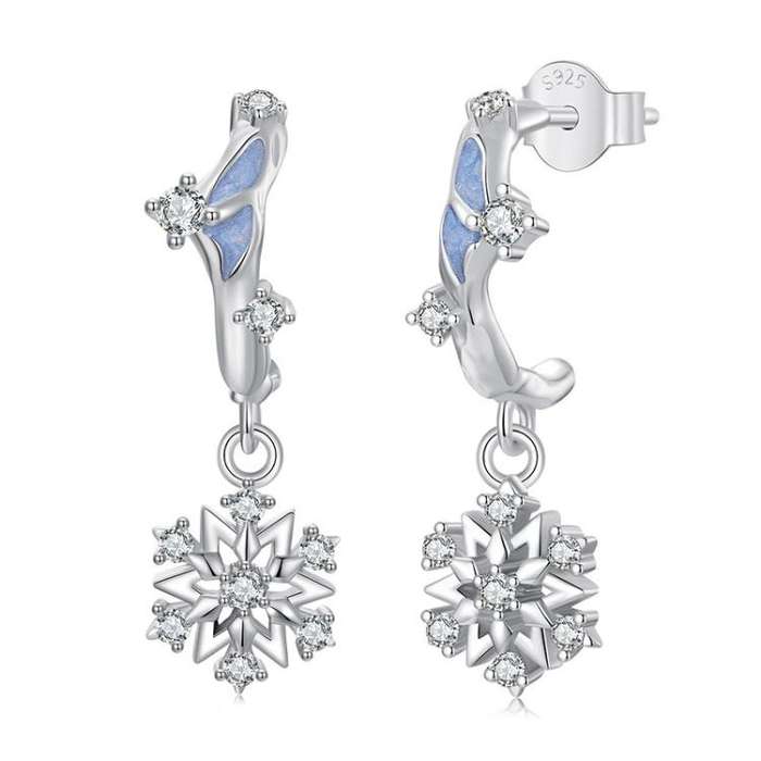 S925 Sterling Silver Platinum-Plated Shining Snowflake Zircon Earrings(SCE1826)