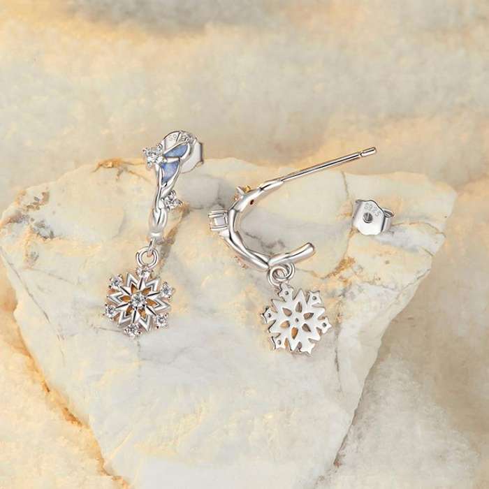 S925 Sterling Silver Platinum-Plated Shining Snowflake Zircon Earrings(SCE1826)