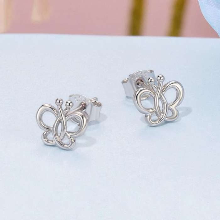 S925 Sterling Silver Platinum-Plated Cute Hollow Butterfly Earrings(BSE1168)