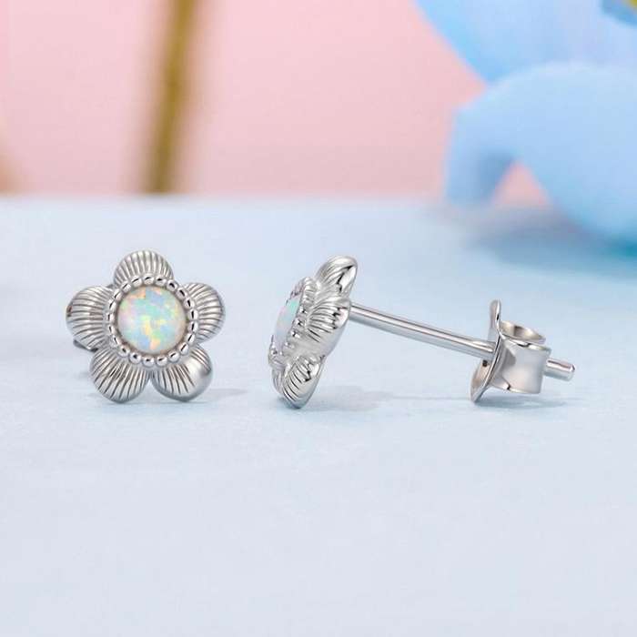 S925 Sterling Silver Platinum-Plated Opal Flower Earrings Plant Earrings(BSE1169)