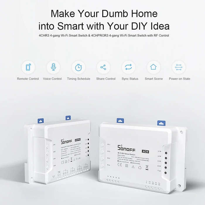 4 Way Remote Smart Home WiFI Switch Auto Wireless APP Control