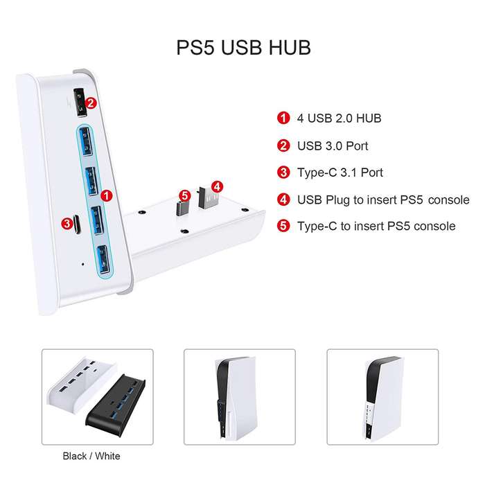 5 Port USB 3.0 HUB for PS5 Console/PS5 Digital Edition Console - Black