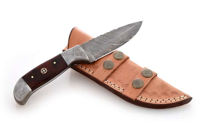 Walnut and Damascus - Fixed Blade Knife - Leather Sheath