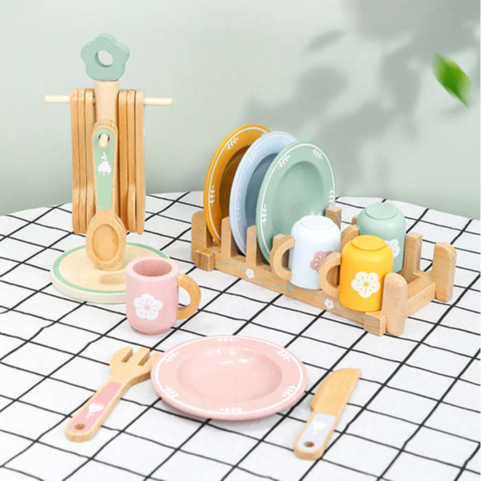 Montessori Pretend Play Wooden Kitchenware Set Kids Boys Girls 26 Piece Toys
