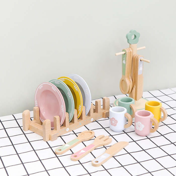 Montessori Pretend Play Wooden Kitchenware Set Kids Boys Girls 26 Piece Toys