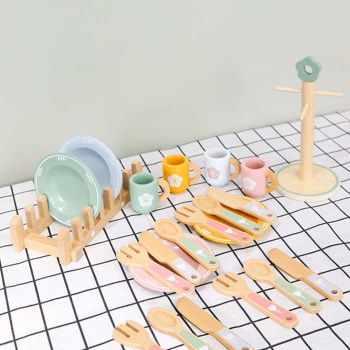 Montessori Pretend Play Wooden Kitchenware Set Kids Boys Girls 26 Piece Toys